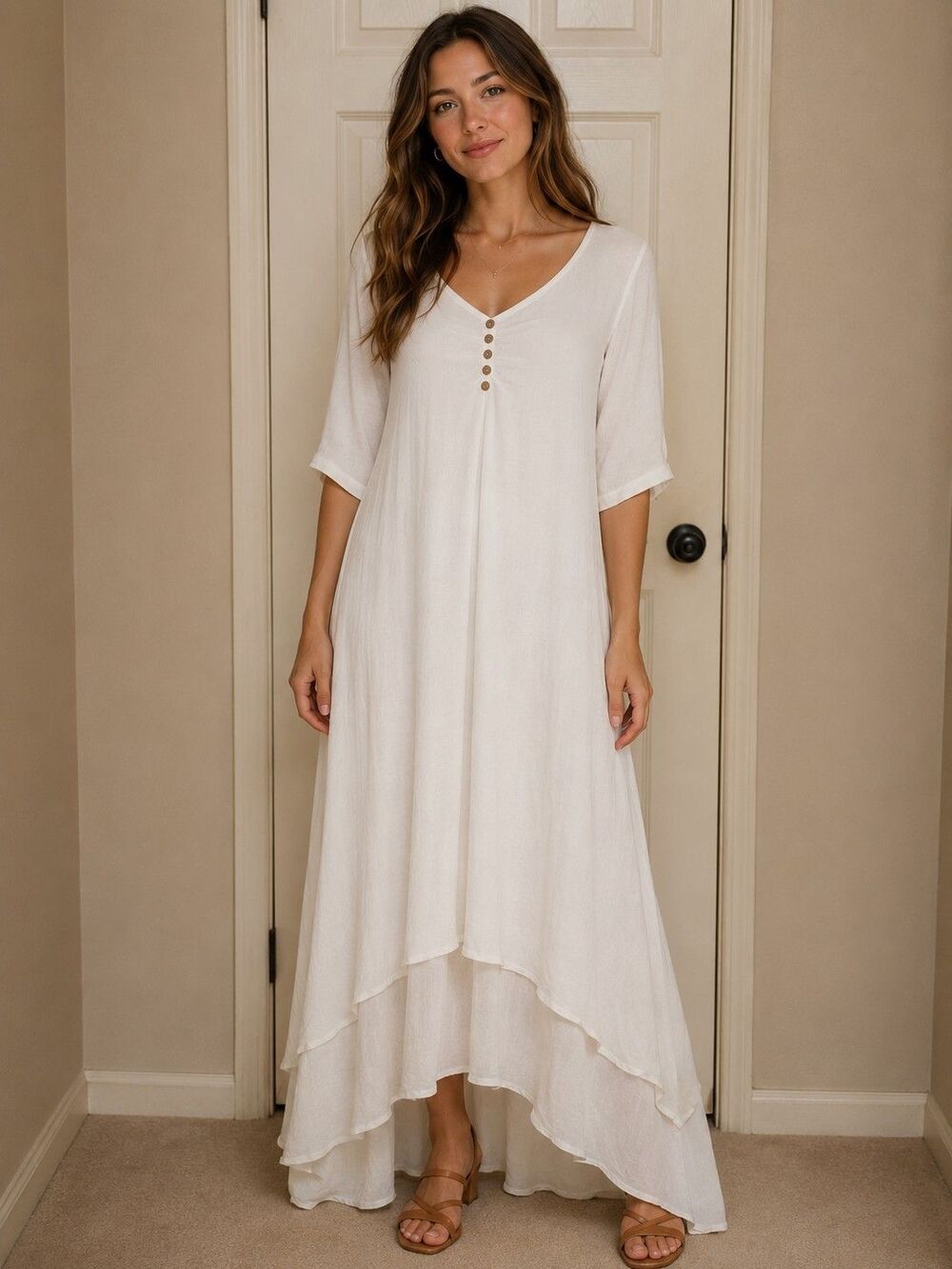 Hanyi Fushi White Layered Gauzy Maxi Dress Asymmetrical Tiered Hem Lagenlook XL